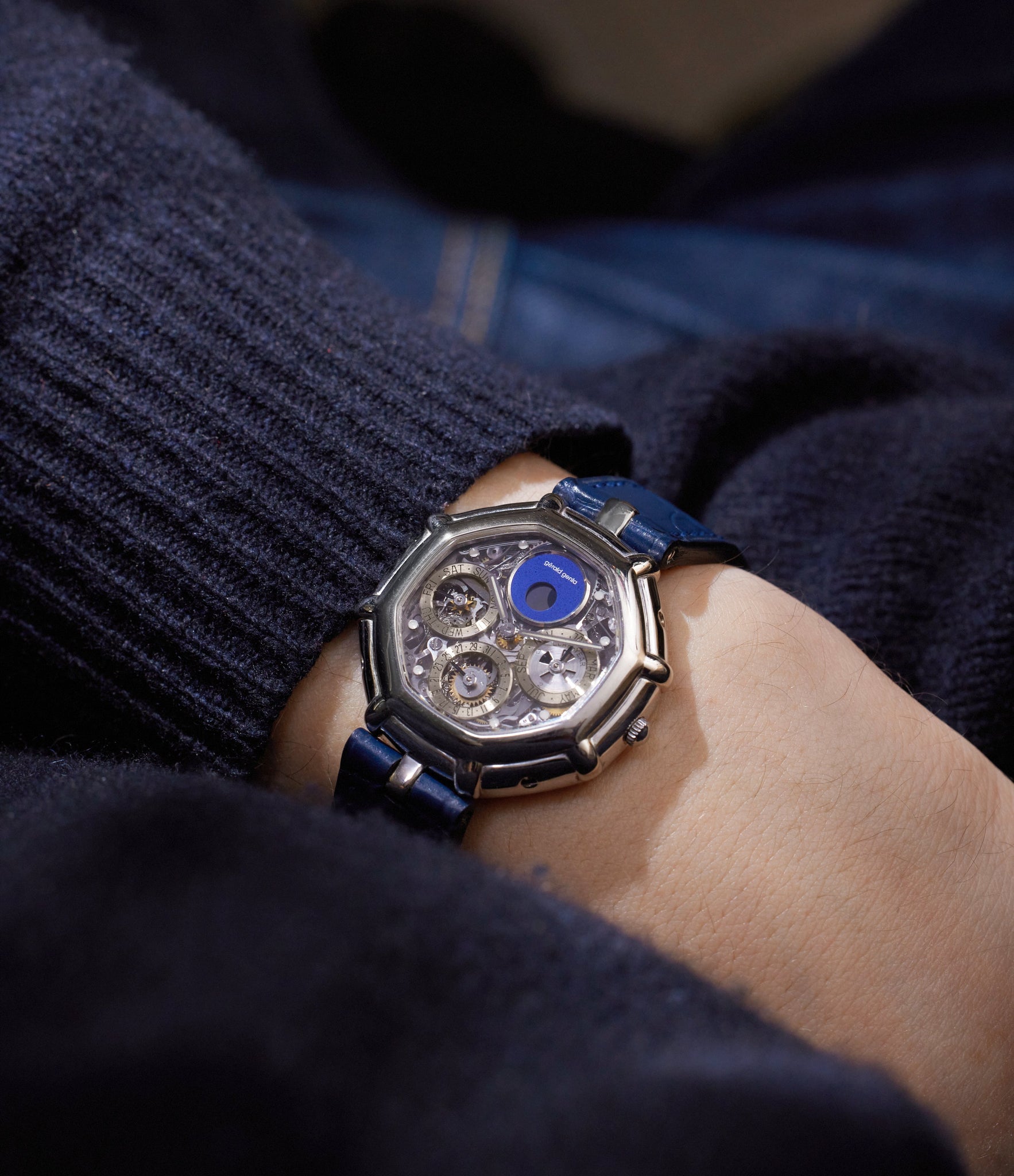 on the wrist Gerald Genta Perpetual Calendar  Platinum preowned watch at A Collected Man London