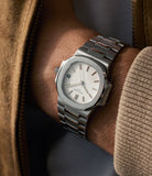 on the wrist Patek Philippe Nautilus 3800A Stainless Steel preowned watch at A Collected Man London