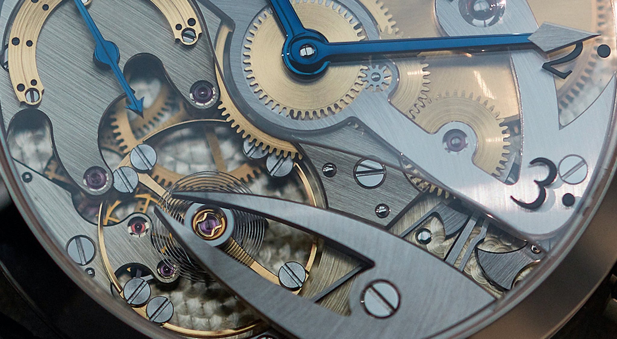 Movement macro shot of McGonigle Tuscar skeleton movement showing balance bridge for A Collected Man London