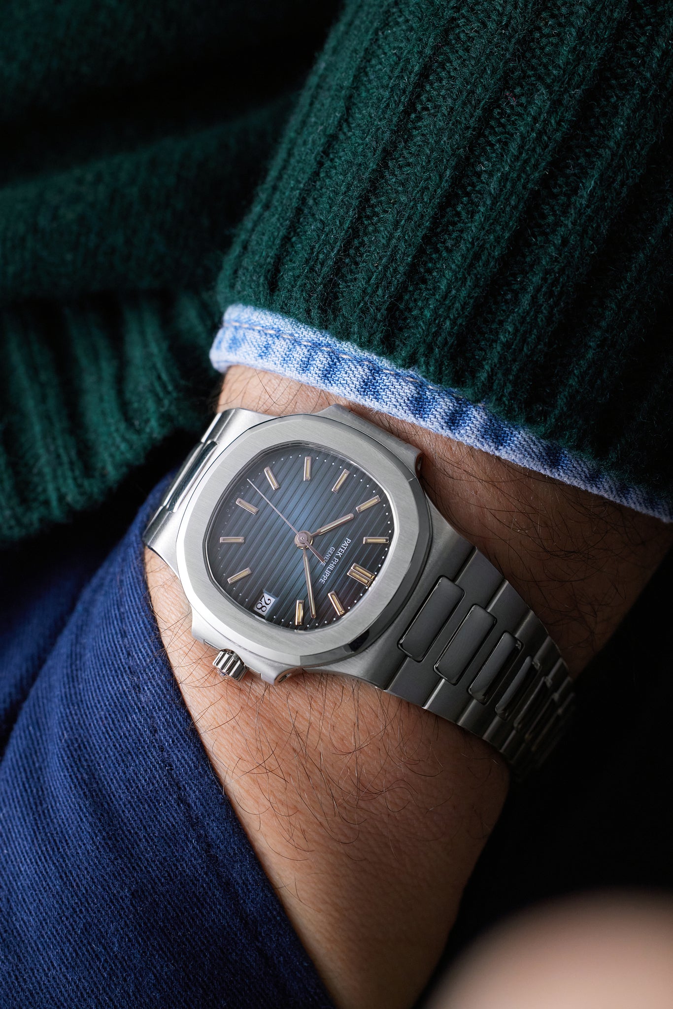 on the wrist Patek Philippe Nautilus 3800/1P Platinum preowned watch at A Collected Man London