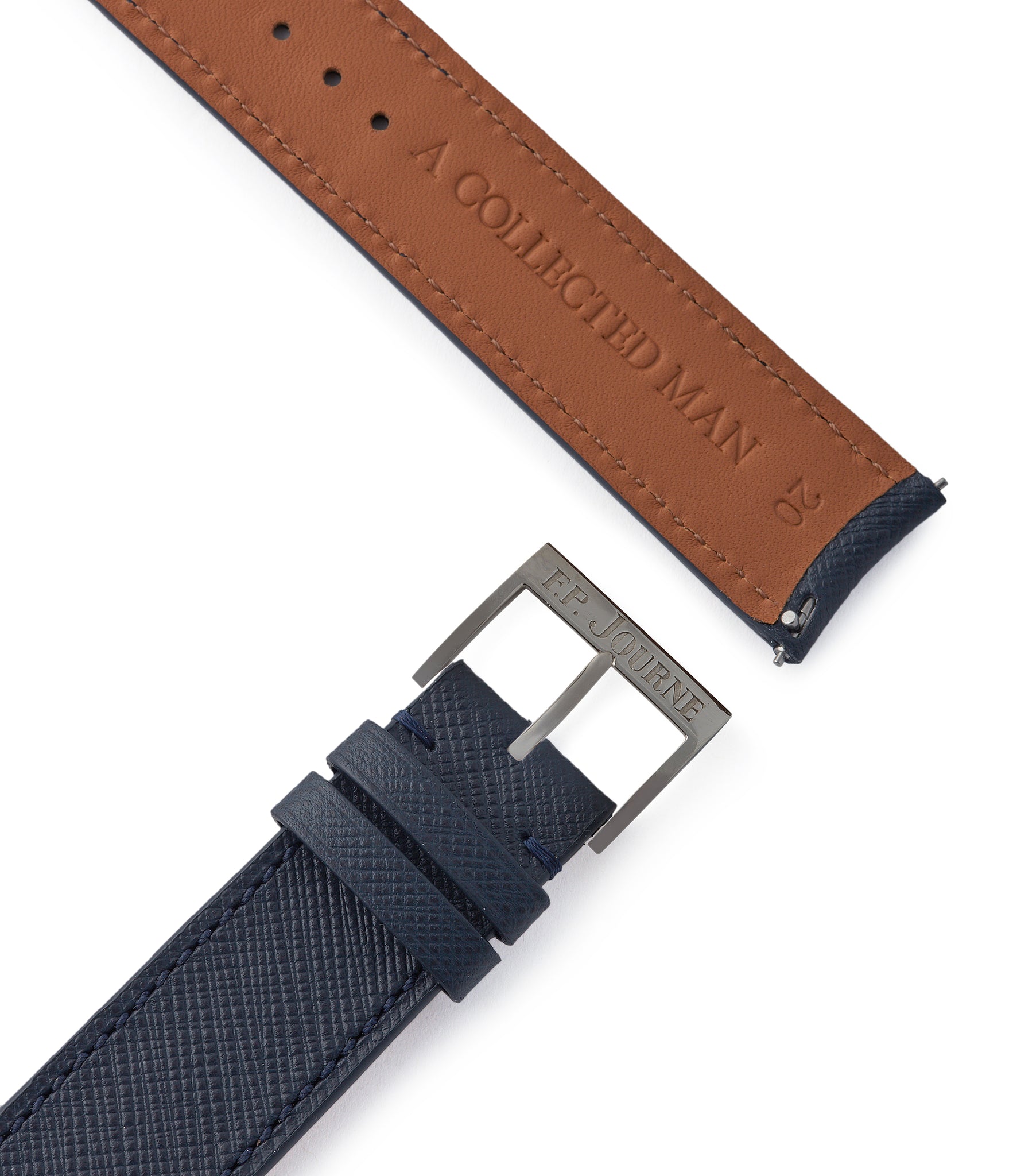 Buy saffiano quality watch strap in shadow navy blue from A Collected Man London, in short or regular lengths. We are proud to offer these hand-crafted watch straps, thoughtfully made in Europe, to suit your watch. Available to order online for worldwide delivery.