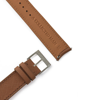 Buy saffiano quality watch strap in burnt cognac brown from A Collected Man London, in short or regular lengths. We are proud to offer these hand-crafted watch straps, thoughtfully made in Europe, to suit your watch. Available to order online for worldwide delivery.