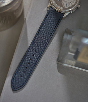 Buy saffiano quality watch strap in shadow navy blue from A Collected Man London, in short or regular lengths. We are proud to offer these hand-crafted watch straps, thoughtfully made in Europe, to suit your watch. Available to order online for worldwide delivery.