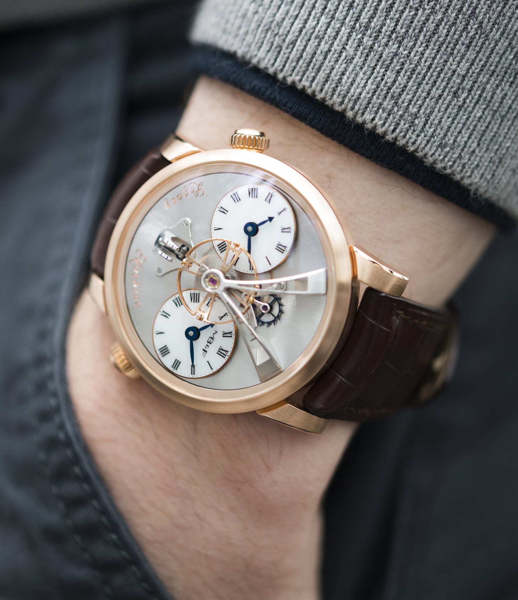 luxury men's wristwatch MB&F Voutilainen& Mojon LM1 Legacy Machine No. 1 rose gold time-only rare traveller watch from independent watchmaker for sale online at A Collected Man London UK specialist of independent watchmakers