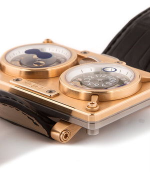 MB&F Horological Machine 2 20.DRRTL.R 18-carat rose gold automatic Cal. Sowind base authentic pre-owned rare luxury watch from  with black dial and brown stitched alligator strap with moonphase, date, jumping hour, center seconds