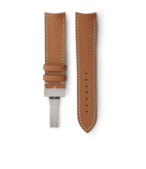 Buy grained leather quality watch strap in gold chestnut brown from A Collected Man London, in short or regular lengths. We are proud to offer these hand-crafted watch straps, thoughtfully made in Europe, to suit your watch. Available to order online for worldwide delivery.