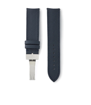 Buy saffiano quality watch strap in shadow navy blue from A Collected Man London, in short or regular lengths. We are proud to offer these hand-crafted watch straps, thoughtfully made in Europe, to suit your watch. Available to order online for worldwide delivery.